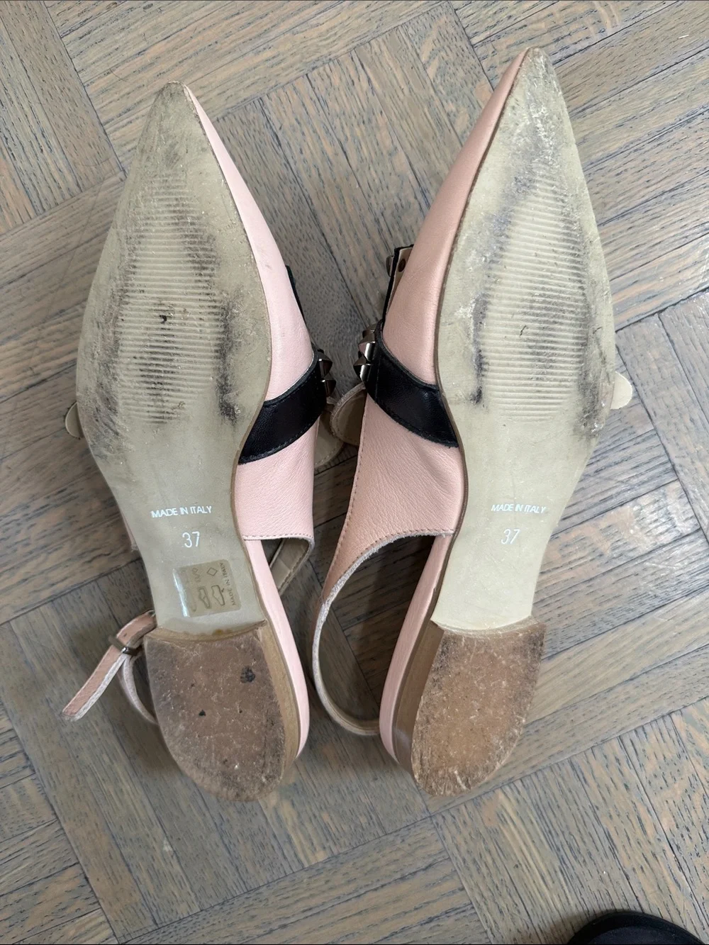 Pointed Slingback Flats in Blush with Black Fringe and Studs